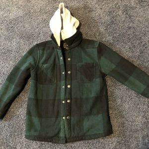 Boys winter fleece plaid green snap-up jacket.